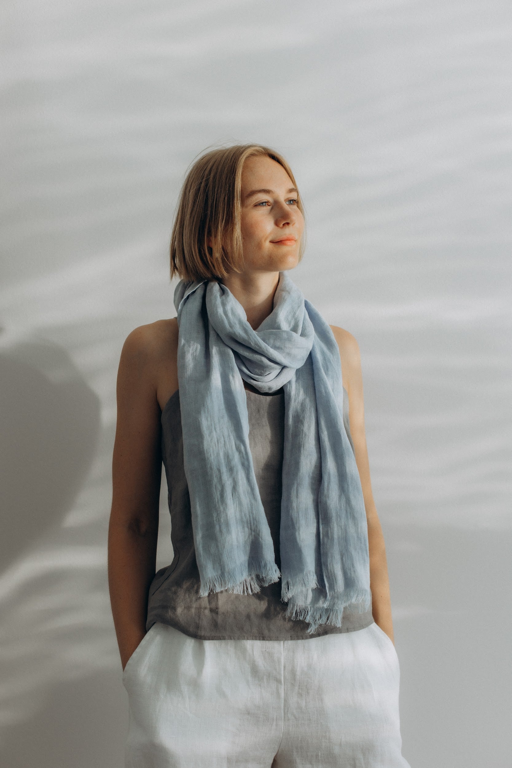 小物 Linen scarf Handcrafted Linen Scarf in Soft Sky | LinenFriday EU