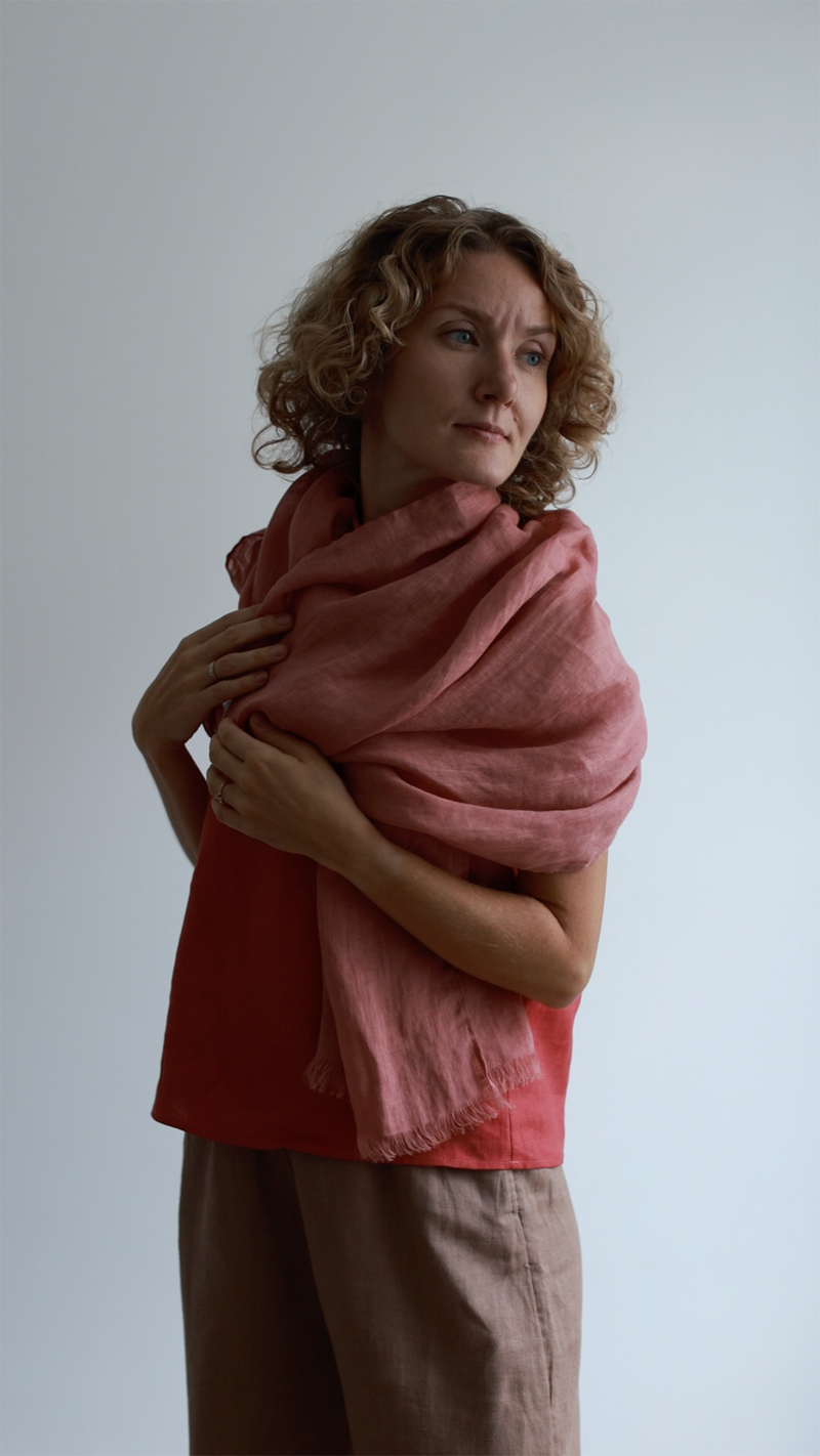 woman in rose Linen scarf and red t-shirt