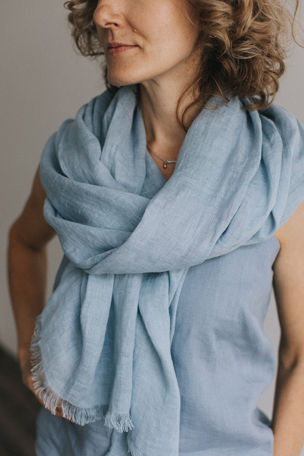 woman in blue Linen scarf