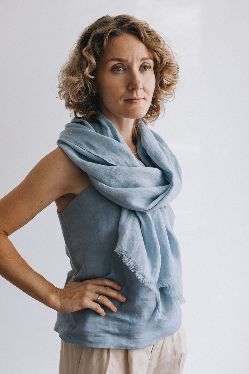 woman in blue Linen scarf