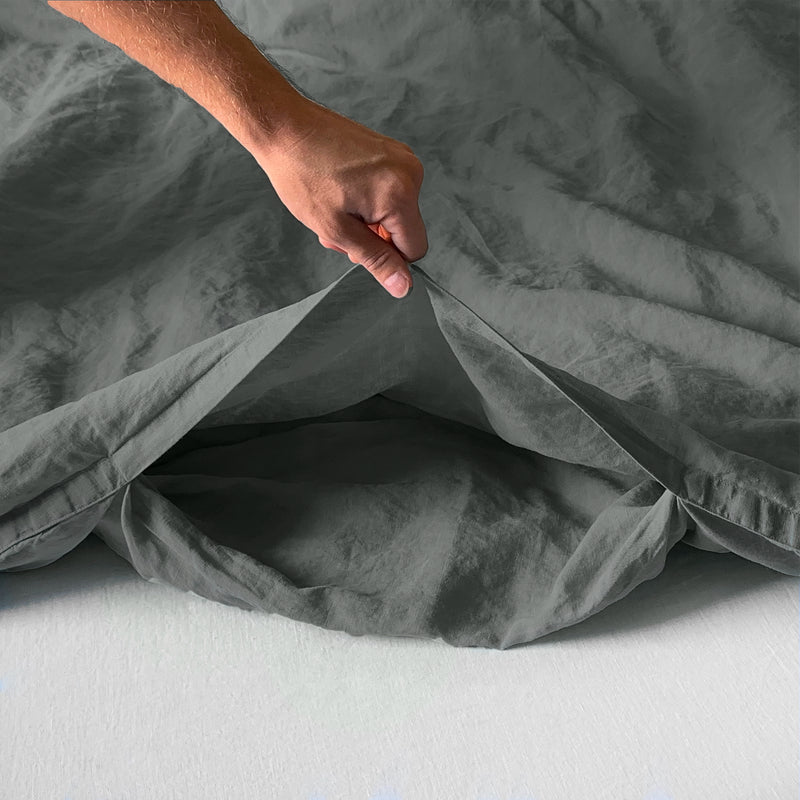 Linen duvet cover gray with envelope closure opening by hand