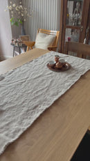 Gray Linen table runner in kitchen